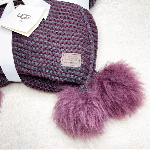 Ugg Snow Creek Pom Pom Throw Blanket Purple Gray - Picture 4 of 8
